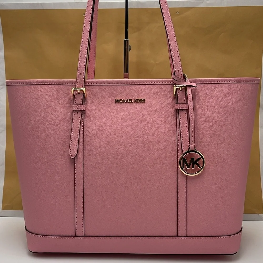 MICHAEL KORS Jet Set Travel Lg Top Zip Shoulder Tote Saffiano Leather Carnation